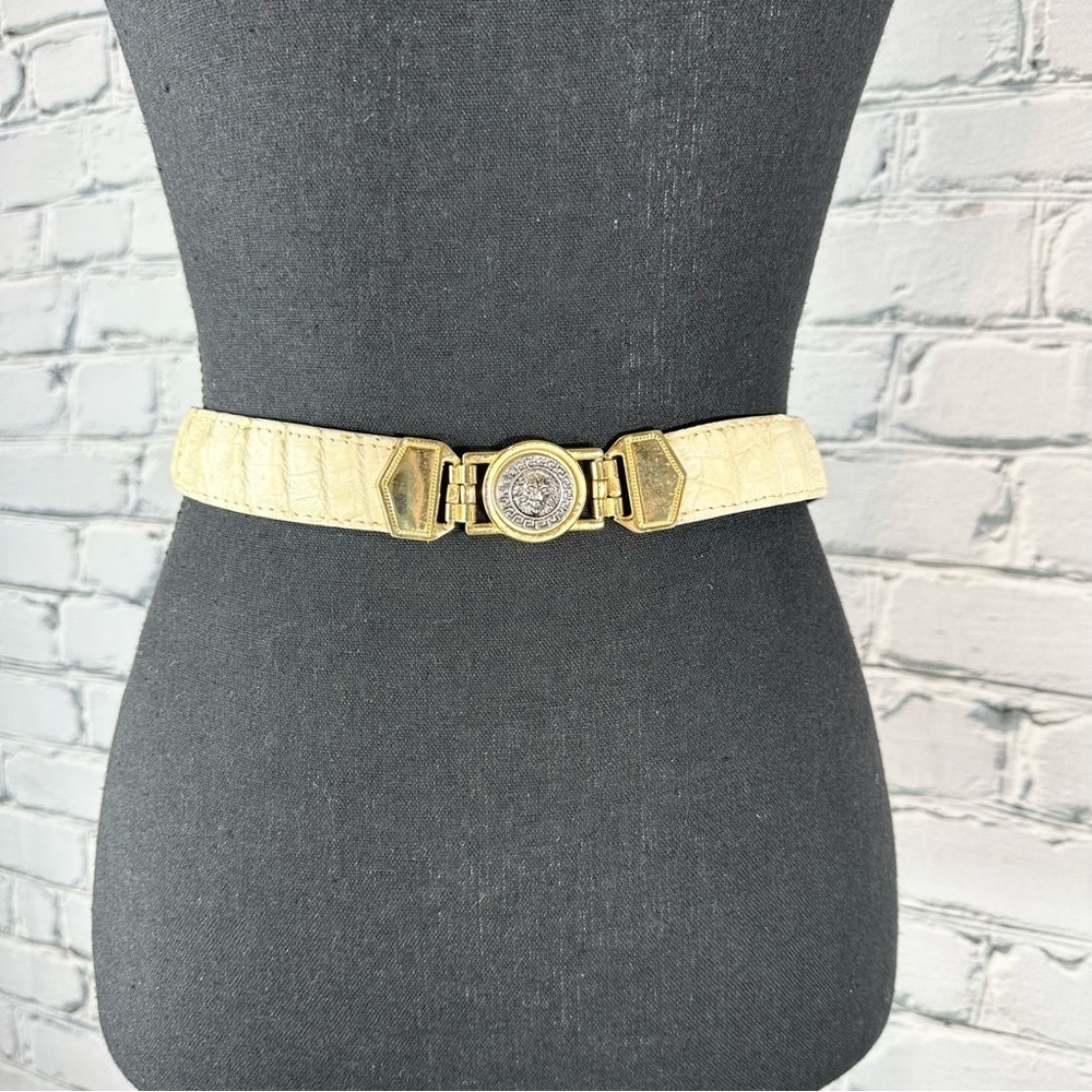 Vintage El General Genuine Caiman Skin Belt Cream Gold Metal Lion Western 40 - Picture 10 of 16
